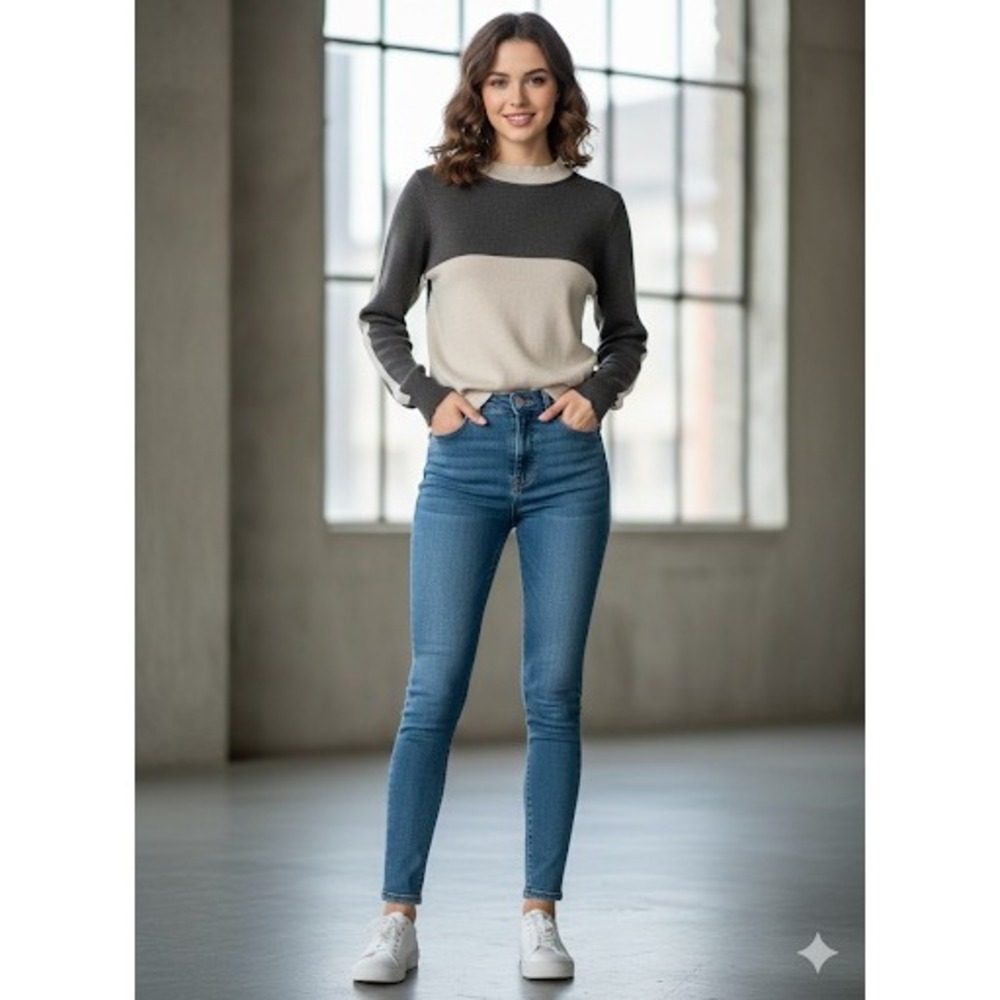 Colorblock Mock Neck Long Sleeve Sweater Women's Beige Charcoal Casual Top‎